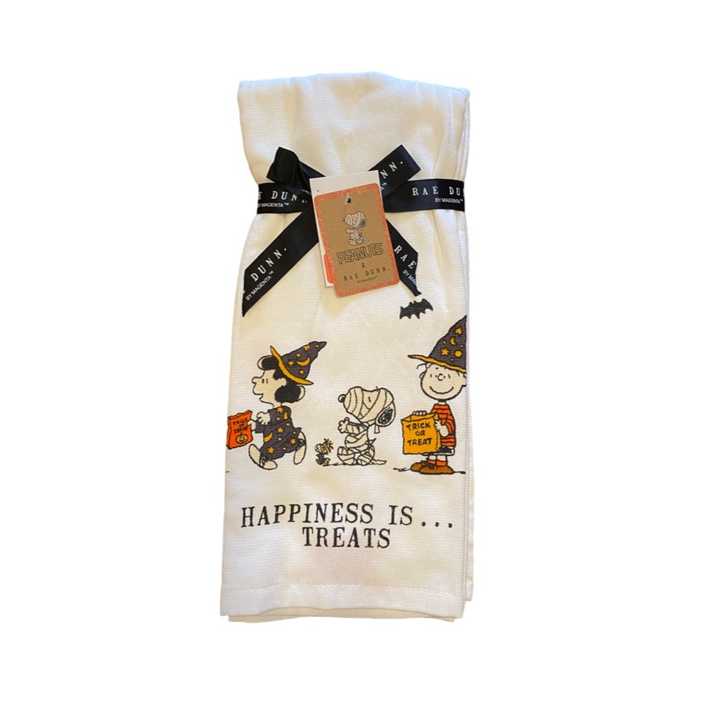 Rae Dunn Peanuts Halloween Kitchen Towels Snoopy HAPPINESS IS TREATS!